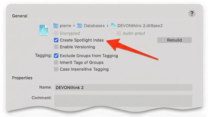 Database Properties popover showing Spotlight indexing checkbox