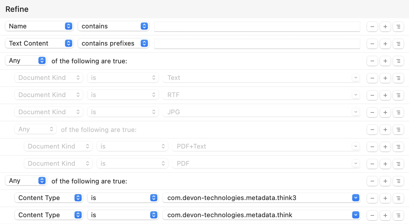 HoudahSpot Refine pane showing Content Type and Document Kind criteria