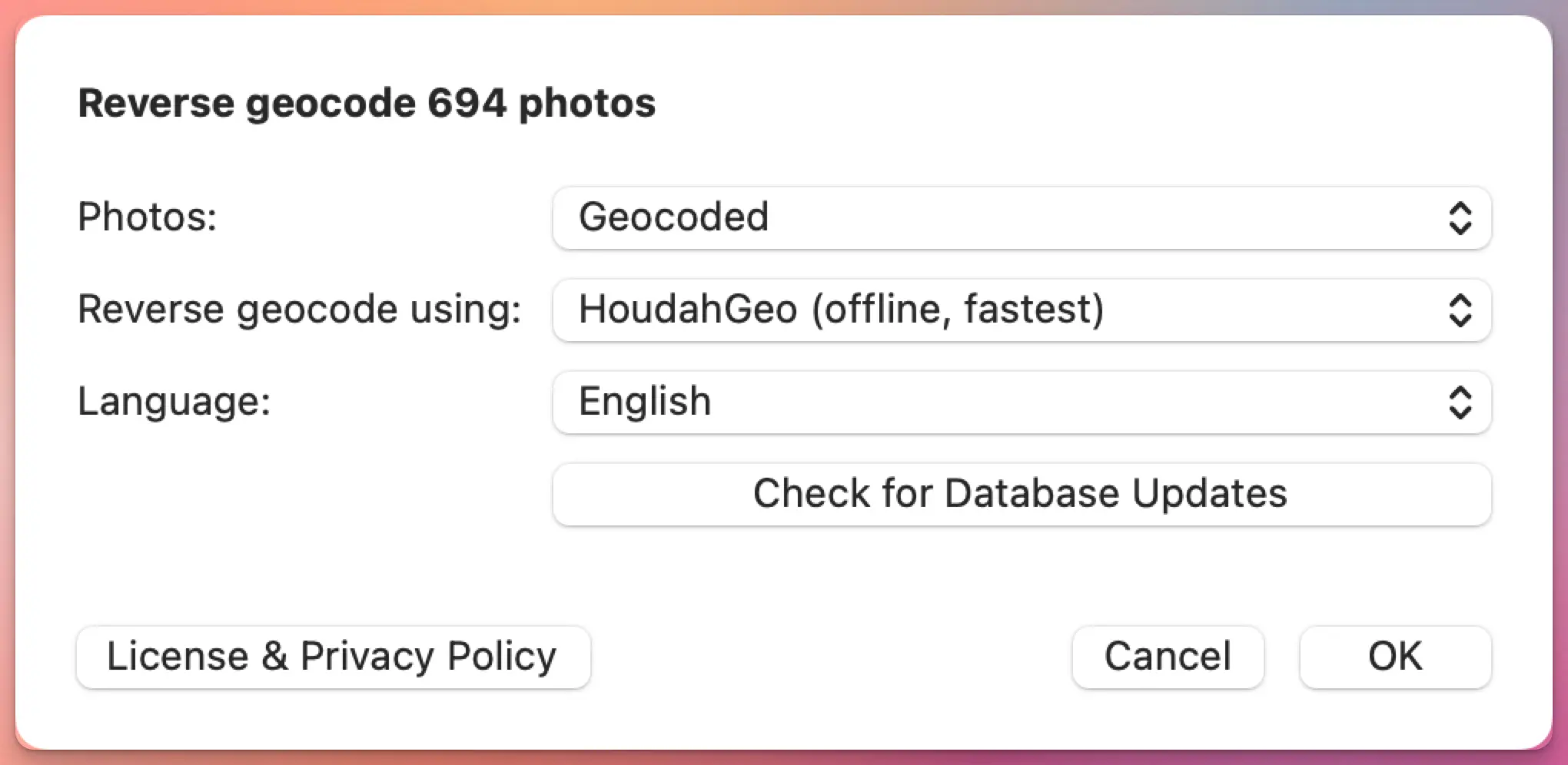 Reverse geocoding photos in HoudahGeo. Options and services: Offline, GeoNames, OpenCage, and BigDataCloud