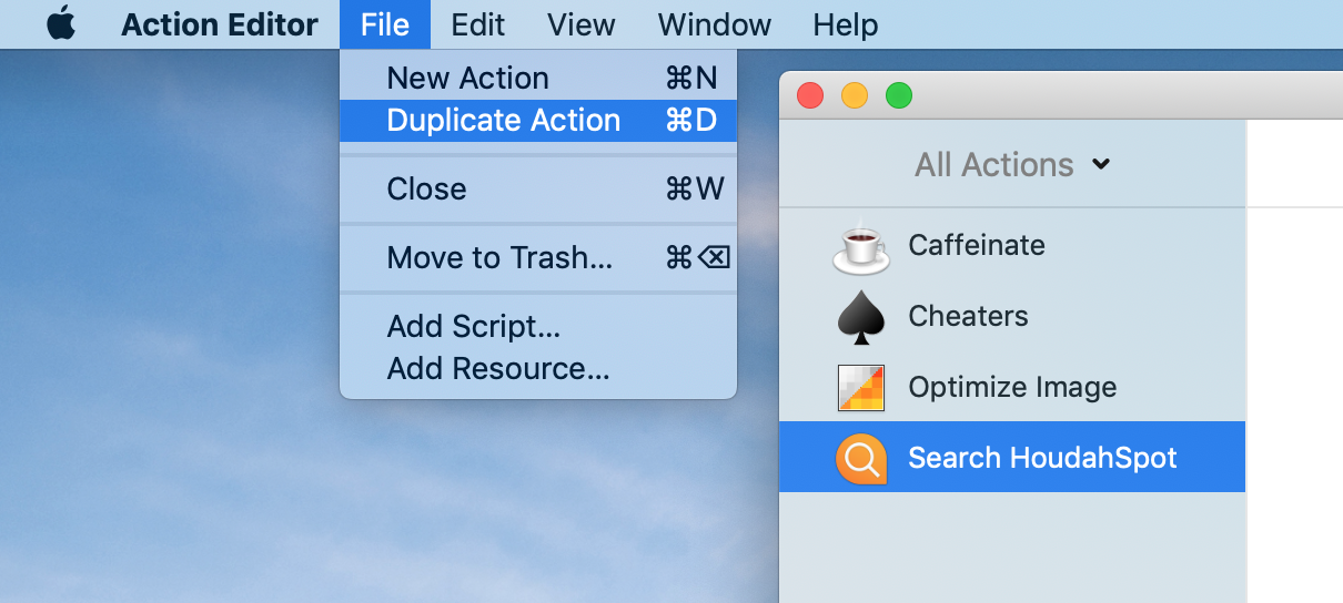 Screenshot: File > Duplicate Action
