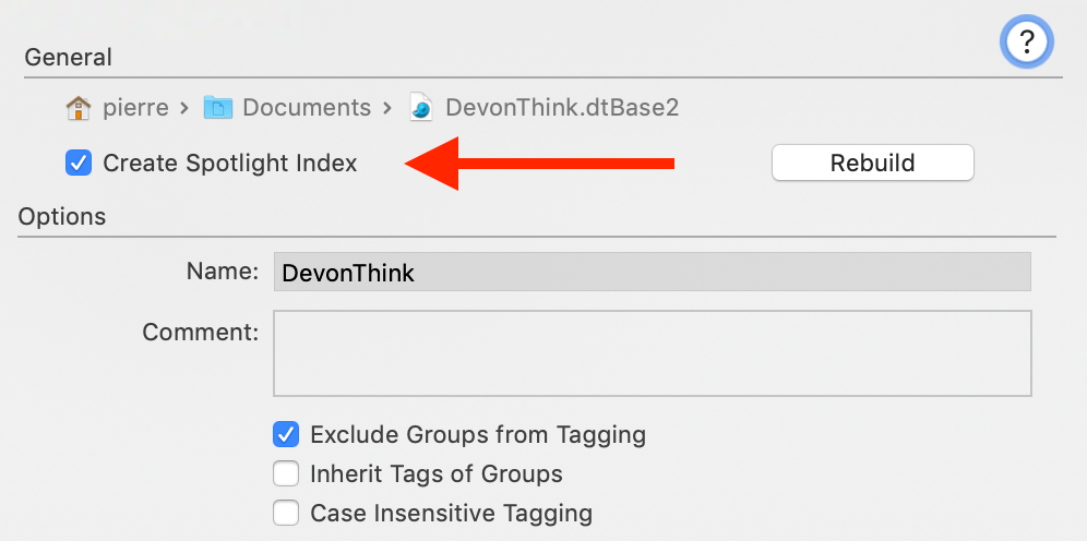 Screenshot: Enable Spotlight indexing of DEVONthink database