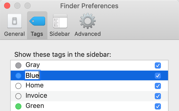 Screenshot: Finder Preferences. Configure, Name, and Organize Finder Tags